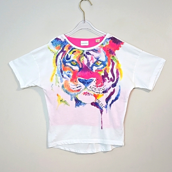 Diesel Kids Watercolour Tiger Print T-Shirt W/ Pink Built-in Tank, Size 5 ~ EUC - Picture 5 of 7